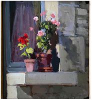  View from a window with Geraniums and small vase